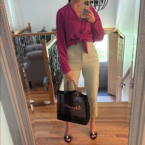 Zara Fuchsia Blouse and Cream Cropped Pants